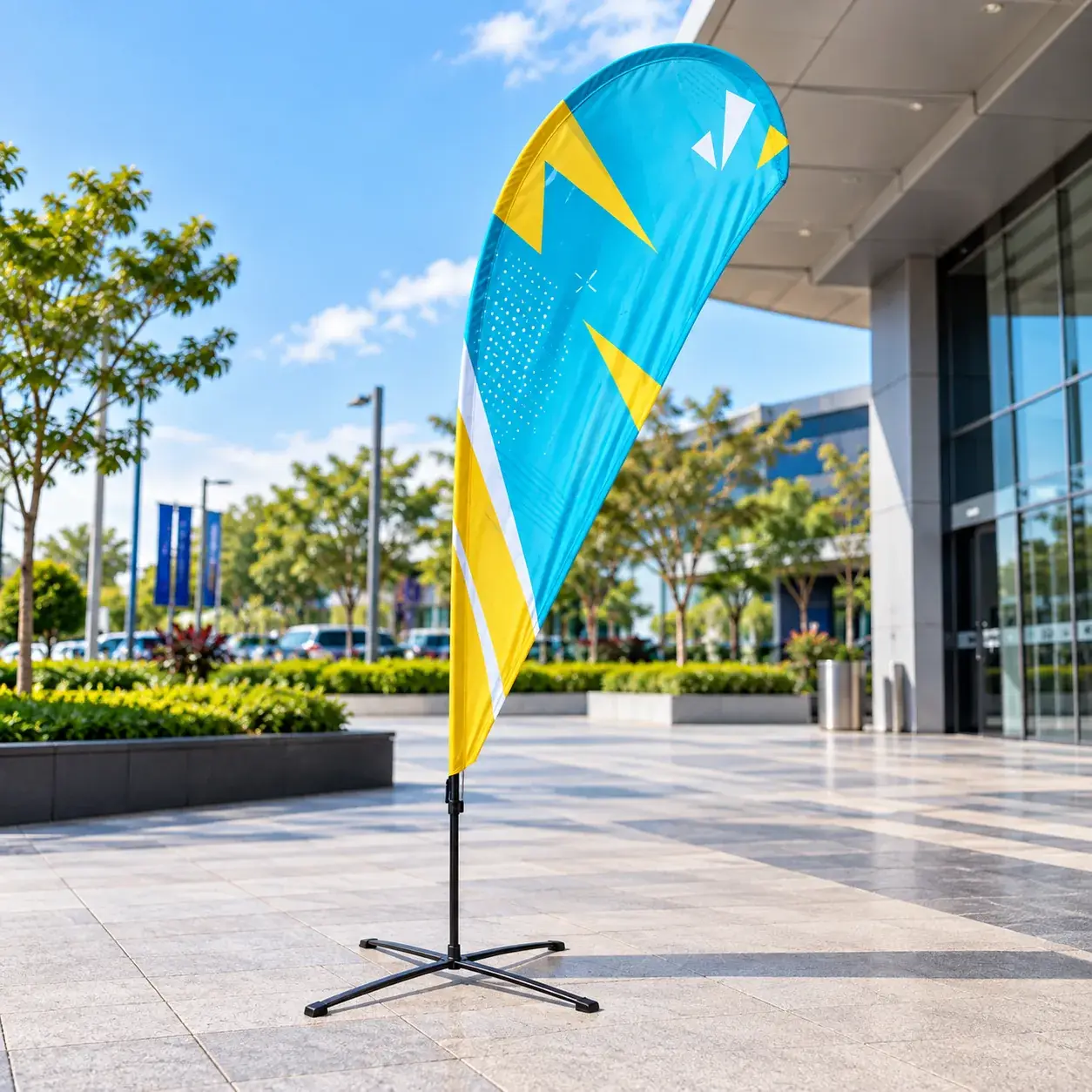 Printed teardrop wind flag banner on a cross base