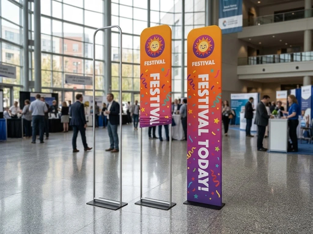 Custom printed fabric door bunting stand on a 32mm aluminium tubular frame